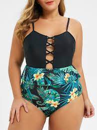 Plus Size Tropical Print Criss Cross Peplum Swimwear Flattering Swimwear Plus Size Bikini Plus Size Swimwear