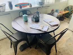 Shop for furniture farmhouse table online at target. Round Rustic Farmhouse Table Set With Chairs Single Pedestal Style Base Dark Walnut Brown Top With Gray Base Small Wooden Dining Table