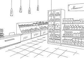 Its simplicity of hue somehow attracts the eye to detail and evokes emotion in a way that is different than colorful subject matters. Grocery Store Shop Interior Black White Graphic Sketch Illustration Grocery Store Shopping Shop Interior Shop Interior Design