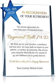 Our awards are made from pristine crystal and can be personalized to display company names, specific dates or even nicknames. Amazon Com Personalized Crystal Star Retirement Gift Plaque For Doctor Or Nurse Customized With Retiree S Name And Retirement Date Unique Retirement Gift For Physicians Or Any Medical Personnel M 8 Home