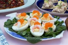 Filled Eggs Halves Garnish With Prawns And Swedish Caviar Filled Egg Halves Fyllda Agghalvor Food Lover Caviar Recipes International Recipes