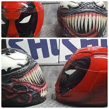 Glow In The Dark Venom Helmet On The Shoei Rf 1200 And The Deadpool Theme On The Icon Airmada Custom Painted By Airgraffix Com Airgraffix Customhelmet Shoei