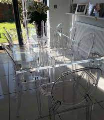 Dining table with clear tempered glass top, 3 chrome legs round table for 2 or 4 person, modern round glass kitchen table furniture for home office kitchen dining room (w 35.4 x l 35.4 x h 29.5 inch) 4.5 out of 5 stars. Clear Acrylic Dining Room Chairs Dining Table Chairs Dining Room Chairs Dining Table
