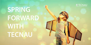 Spring forward message with a flower on olive green textured concentric circle fabric. Spring Forward With Tecnau Tecnau