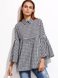 Black And White Gingham Shirt Womens Black Gingham Bell Sleeve Babydoll Blouse Fashion Babydoll Blouse Clothes Design