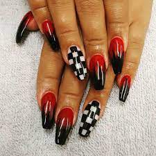 Coffinnails Ombre Red Black Flames Checkered Okc Okcnails Nailart Nailpro Hai Acrylic Nails Coffin Short Checkered Nails Short Acrylic Nails Designs