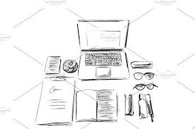 Workplace Organization Stationery Elements On Table Sketch Office Work Desk Business School Consept Computer Computer Sketch Stationery Organization Table Sketch
