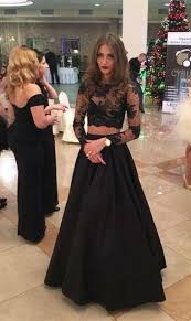 Evening Look Black Lace Crop Top With High Waisted Black Maxi Skirt Prom Dresses Lace Sleeves Prom Dresses With Sleeves Black Prom Dresses