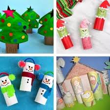 Quarter of christmas toilet paper tree on copy space red background. Christmas Toilet Paper Roll Crafts For Kids