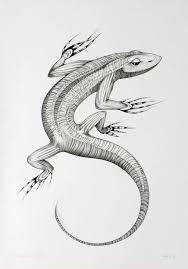 The image is thin lines. Original Art Drawing Pencil On Paper Lizard Imaginary Fantastic Animals Decorative Wall Art Elegant Home Furnit Drawings Art Drawings Pencil Art Drawings