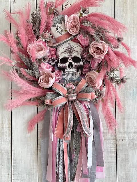 Pink Halloween Skull Decor | Skull wreath with roses, Pastel skull wreath decor, Pink halloween wreath