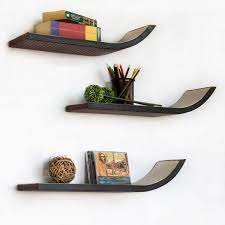 Trista Dark Brown Stylish J Type Leather Wall Shelf Bookshelf Floating Shelf Set Of 3 Wall Shelf Decor Floating Shelves Wall Shelves