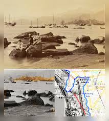 1874年油麻地大角咀145年前同治十三年 由油麻地海岸向望大角咀半島山脊 大角咀原是九龍半島西部的一個海岬 大約為現時黃竹街及楓樹街一帶 向南伸出 開發為市區前有塘尾村及福全鄉等村落 1928年 政府開發大角咀 原有村落拆卸 大角咀洪聖廟也遷往福全街現址 當