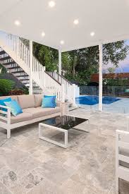 Hampton Style Outdoor Living In Brisbane Natural Stone Silver Travertine Flooring And Pool Coping Concrete Patio Makeover Patio Stones Outdoor Living Design