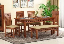 Buy Adolph 6 Seater Dining Set With Bench Honey Finish Online In India Wooden Street In 2020 Wooden Dining Table Designs Dining Room Furniture Design 6 Seater Dining Table