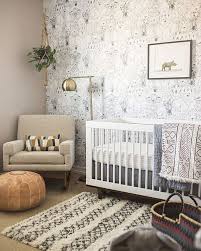 Black And White Rug Kids Room Gender Neutral Nursery White Crib Wallpaper Wall Hanging Plant And White And Black Rug Neutral Boy Nursery Baby Boy Nurseries Baby Room Decor