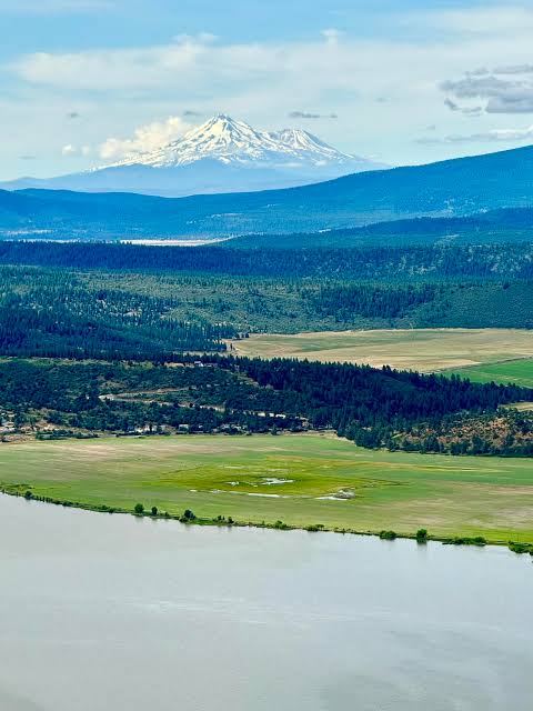 View of Mt Shasta from plane over Klamath Lake