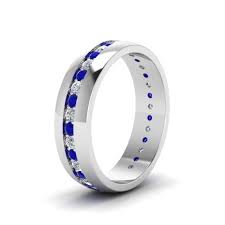 Mens Diamond Channel Wedding Band With Sapphire In 14k White Gold Black Hills Gold Jewelry Mens Diamond Wedding Bands Mens Wedding Rings
