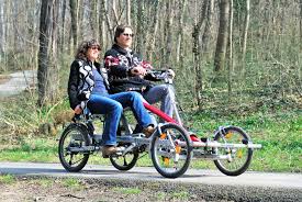 Riding Next To Each Other Together On One Bike The 2 Rider Electric A Double Bike With Electric Assist Tandem Bicycle Bicycle Tandem