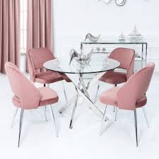 Set (round dining pedestal table, 4 upholstered side chairs & 2 upholstered arm chairs) closeout $2,046.00 Alexzander Round Dining Set With 4 Blush Pink Velvet Chairs Dining Room From Breeze Furniture Uk