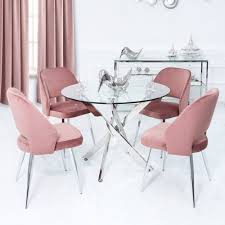 Use as an accent piece or small dining table, with. Alexzander Round Dining Set With 4 Blush Pink Velvet Chairs Dining Room From Breeze Furniture Uk