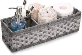 There's also more room for stashing items like trash cans and storage baskets. Amazon Com Larger Compartments Toilet Tank Topper Paper Basket Tank Tray Split Hand Woven Basket Small Baskets For Organizing Rustic Farmhouse Bathroom Decor Storage Bin Counter Organizer Gray Kitchen Dining