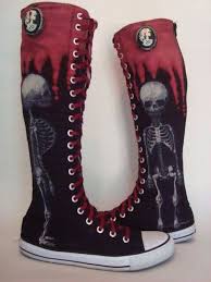 Black And Pink Knee High Converse Knee High Black And Red Converse With Skeleton Design Converse Boots Cute Shoes Boots