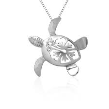 Turtle With Hibiscus Pendant Sterling Silver Turtle Pendant With Hibiscus Cutout Print Sparkling Cz Stone Ba Jewelry Companies Womens Necklaces Turtle Pendant