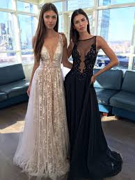 A Line Deep V Neck Champagne Tulle Backless Prom Dress With Lace Prom Dresses Dresses A Line Prom Dresses