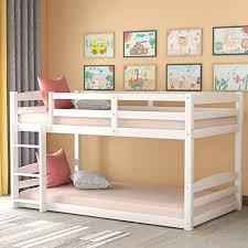 Floor Bunk Bed Twin Over Twin Julyfox White Low Bunk Bed Frame With Ladder No Box Spring Needed Space Saving Design In 2020 Twin Bunk Beds Low Bunk Beds Kids Bunk Beds