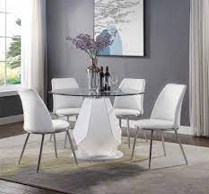 Four chairs are based on durable wooden frames in brown color. Acme 74925 77152 5 Pc Chara White High Gloss 45 Round Glass Top Dining Table Set