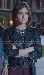 Aria S Belted Leather Jacket On Pretty Little Liars Pretty Little Liars Fashion Pretty Little Liars Outfits Pretty Little Liars