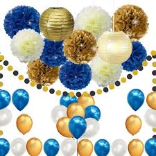 Blue and gold birthday decorations. 45pcs Diy Navy Blue Gold Party Decorations Supplies Blue Birthday Baby Shower Pary Decor Blue Gold Cream Paper Pom Poms Lanterns Balloons Dot Paper Garland Wedding Bridal Shower Festival Party Decor