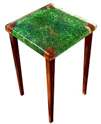This Table Was Handcast Upside Down Gorgeous Clear Resin Enfolds Shimmering Green Crushed Beer Bottles Floating On Sol Resin Furniture Wood Resin Resin Design