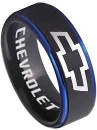 Tungsten Black And Blue Ring Chevrolet Ring Chevy Wedding Band 8mm Tungsten Black Blue Wedding Ring New Custom Rings Blue Wedding Rings Blue Rings