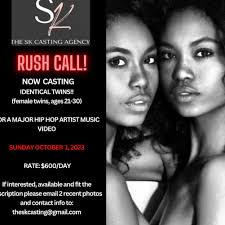 ✨✨✨NOW CASTING✨✨✨ IDENTICAL TWIN MODELS For a MAJOR Hip Hop Artist Music  video!! Tomorrow October 1, 2023 Must have open availability!! (Female,  ages 21-30) Rate: $600 ea If interested and available please