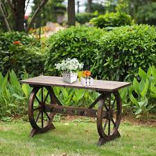This rustic bench is right at home on patio, porch or lawn. Ikayaa Wagon Wheel Wood Outdoor Potting Bench Work Station Garden Plant Stand Table Walmart Com Walmart Com