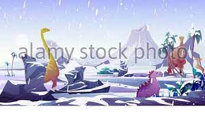 Cold temperatures represent a crucial factor for the preservation of everything that is prone to decomposition. Dinosaurs In Ice Age Animals Extinction By Cold In Arctic Winter Vector Cartoon Prehistoric Landscape With Snow Frozen Water And Dino Characters Ancient Reptiles Stock Vector Image Art Alamy