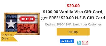 $20 visa gift card free. Expired H E B Buy 100 Vanilla Visa Gift Card Get 20 H E B Gift Card Free Ends 12 1 20 Gc Galore