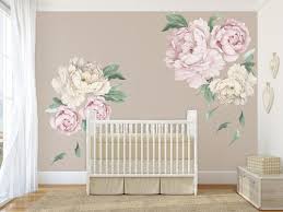 6 Peonies Blooms Wall Mural Flowers Pink White Nursery Wall Decals Girl Baby Room Decor Floral Wall Decals