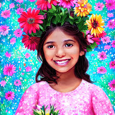 Adorable Little Latina Girl Holding Blue Zinnias · Creative Fabrica