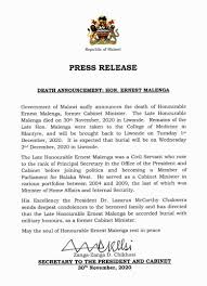 Check spelling or type a new query. Death Announcement Hon Ernest Malenga Malawi Government Facebook
