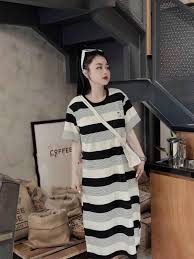 Váy Suông V03, Đầm Suông Kẻ From Rộng, Dáng Dài Chất Cotton - Vanizen