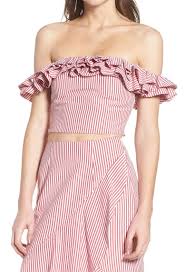 Details About Wayf Womens Red Size Xl Ruffled Trim Striped Off Shoulder Crop Top 69 289