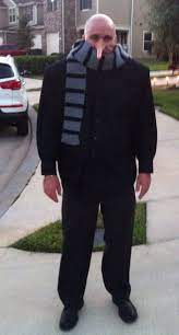 Gru Costume Made From Dress Shirt Dress Pants Dress Shoes Hand Knitted Scarf Shoulder Pads Made From Foam Sheets An Gru Costume Hand Knit Scarf Dress Pants