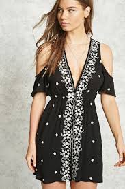 Forever 21 Contemporary A Woven Dress Featuring An Open Shoulder Design Embroidery At The Front And Back Deep V Neckl Dresses Woven Dress Embroidered Dress