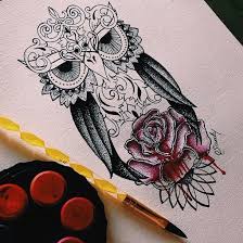 Ideal placement of owl tattoos. Curl Head Owl With Black Wings And Bloody Red Rose Tattoo Design Tattooimages Biz