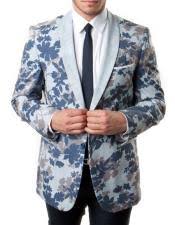 Floral design tuxedo jacket with velvet shawl lapel. Mens Floral Tuxedo Jacket Wool Dress Pants White Blue Pattern