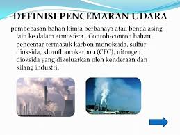 Menurut kamus dewan edisi keempat (2007) pencemaran udara ini berlaku apabila terdapat benda asing dalam kepekatan yang mengganggu pencemaran air bermaksud perubahan yang berlaku dari segi kandungan, keadaan dan warna. Ahli Kumpulan Laura Brown Nor Hana Bt Sani
