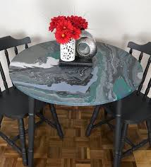 Solid Wood Dark Grey Dining Table And Two Chair Set With Acrylic Paint Pour On The Top Of Table Hand Painted In Dark Wood Table Wood Table Wood Paneling Decor